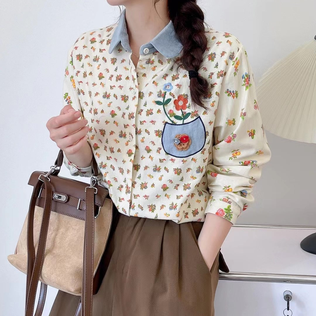 Chic Girls Floral Embroidery Loose Artistic Shirt