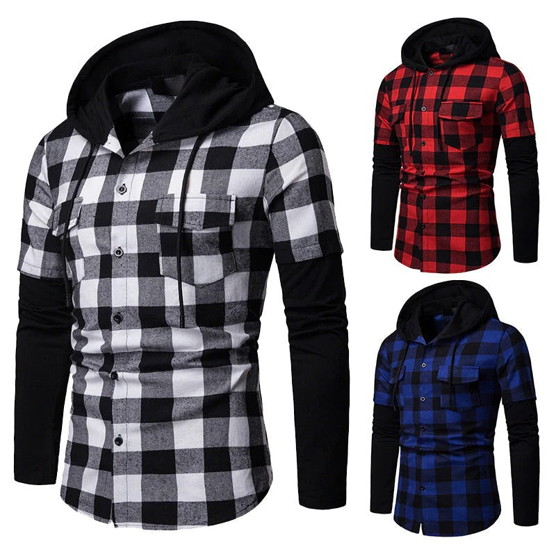 Stylish Men's Plaids Shirt Patchwork Button Hoodie