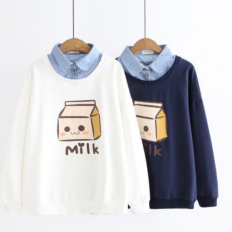 Fresh Girls Milk Box Fake Two-piece Sweatshirt