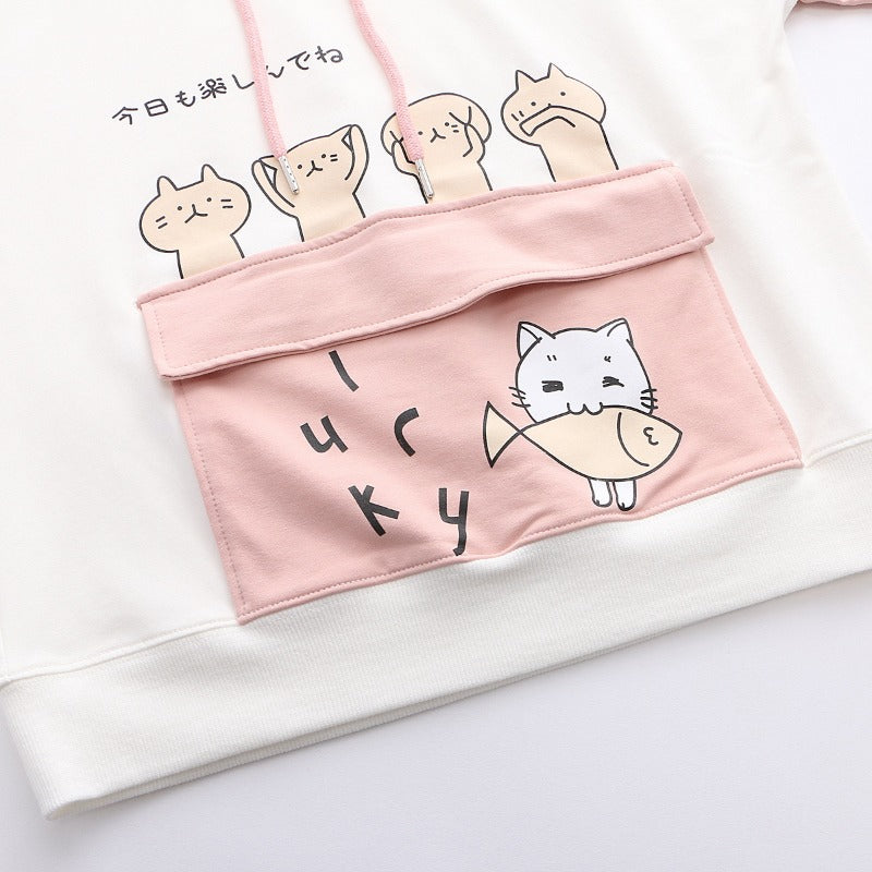 Japanese Style Women's Cat Eating Fish Printed Ears Hoodie