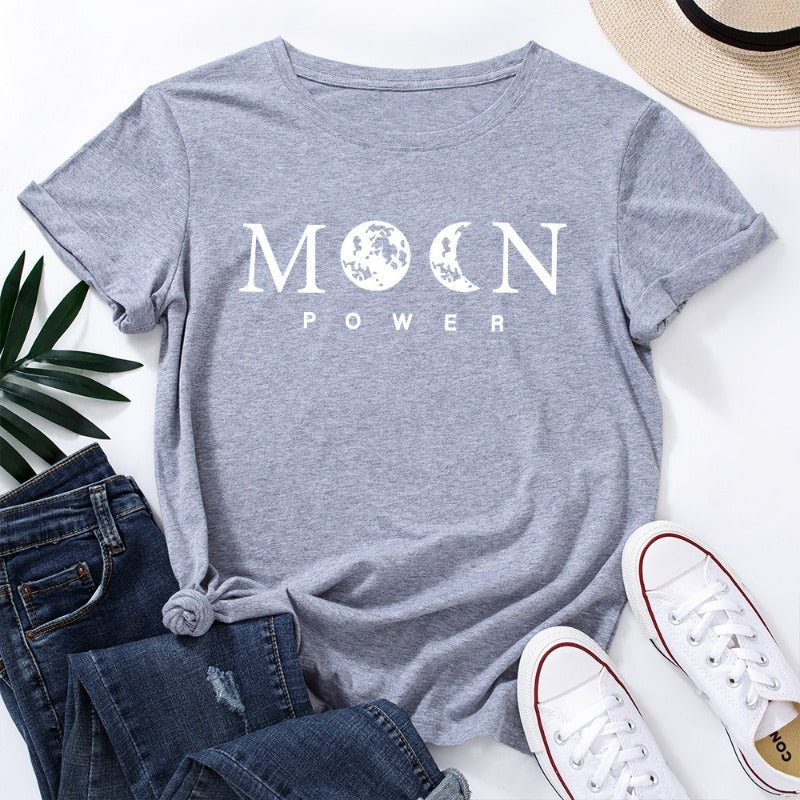 Women's Moon Power Print Loose Round Neck T-shirt