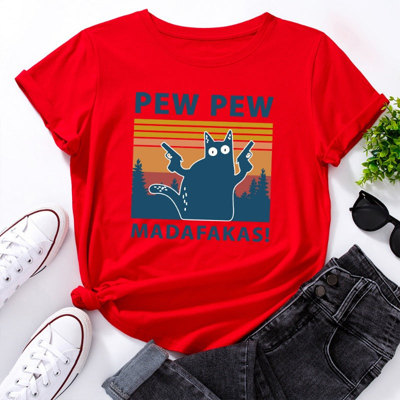 Stylish PEW PEW Cat Loose Round Neck T-shirt