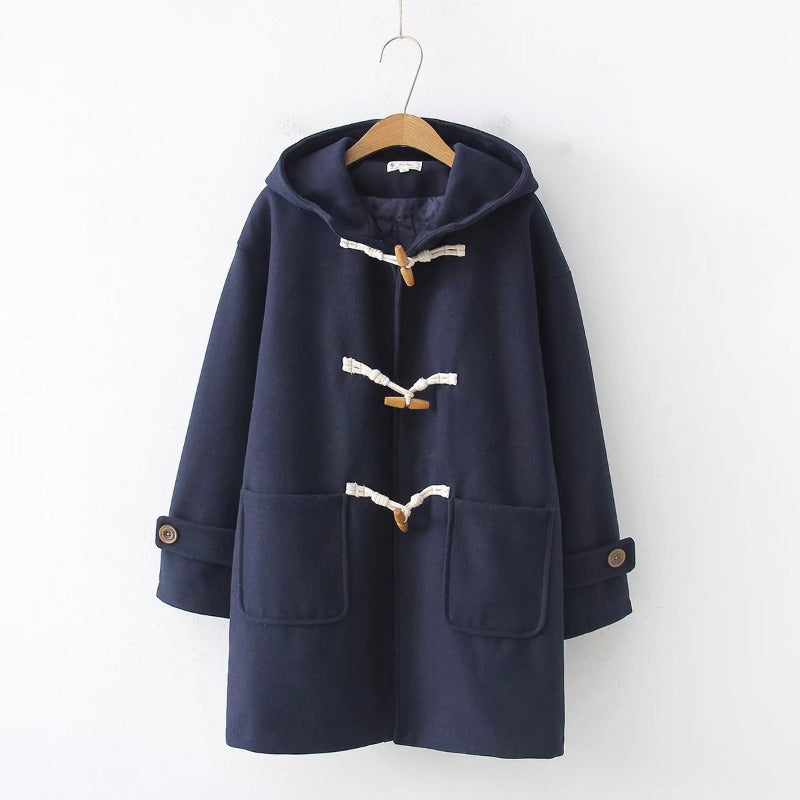 Korean Style Solid Color Horn Button Loose Pockets Coat