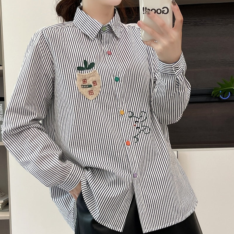 Cute Rabbit Embroidered Long Sleeve Lapel Shirt