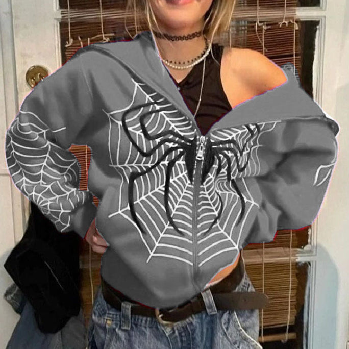 Trendy Women's Spider Web Zipper Casual Hoodie