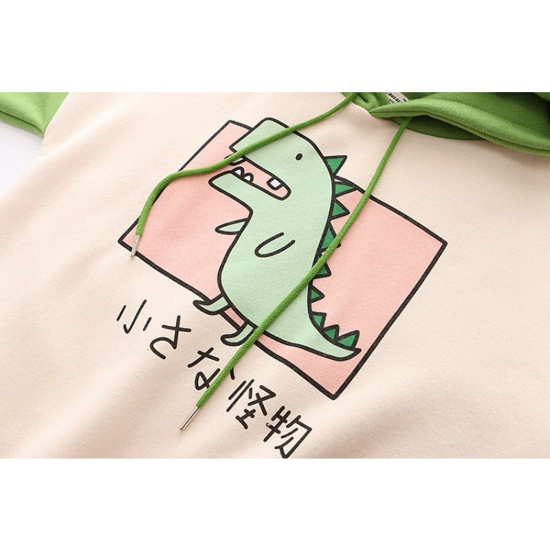 Japanese Style Cute Dinosaur Print Velvet Warm Hoodie