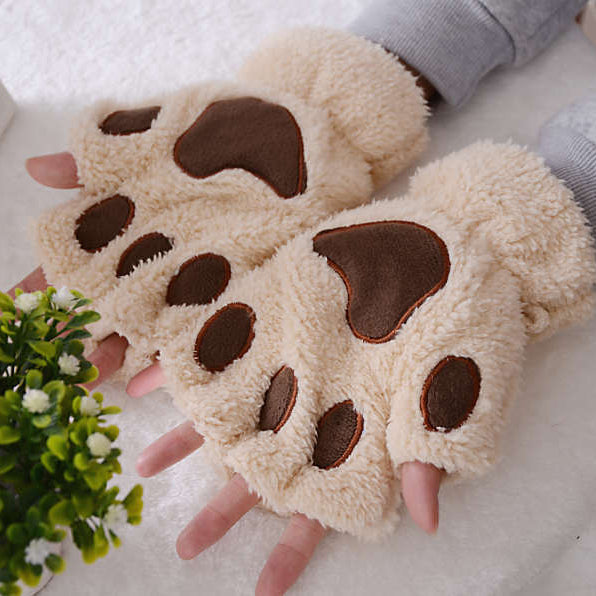 Half-fingered Cartoon Bear Cat Paws Fluff Gloves