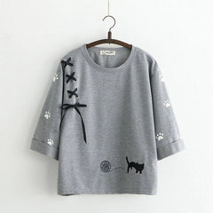 Kawaii Cat Embroidered 3/4 Sleeves Pullover T-shirt