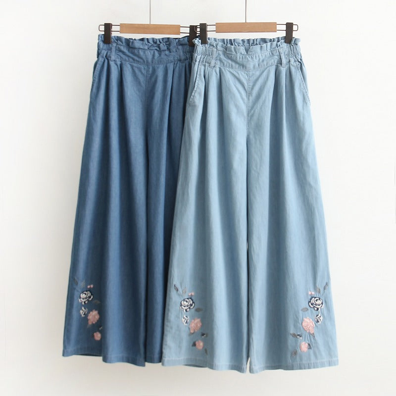 Casual Fresh Floral Embroidery Elastic Waist Wide-leg Pants