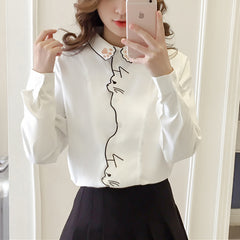 Cute Women's Cat Embroidered White Shirt