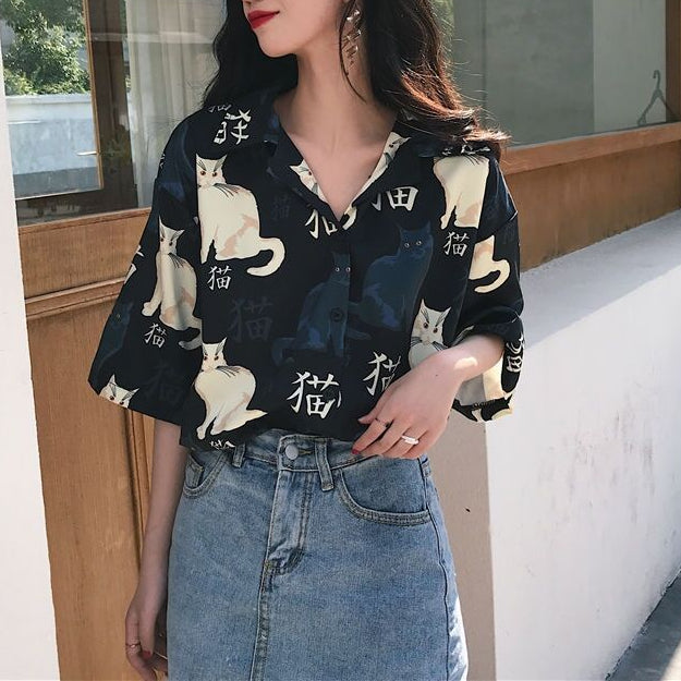 Versatile Retro Summer Cat Printed Flip Collar Shirt