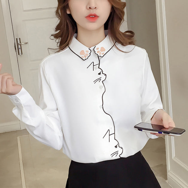 Cute Women's Cat Embroidered White Shirt