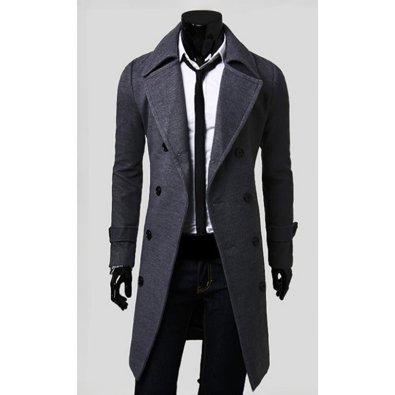 Luxury Men's Double Breasted Long Woolen Coat