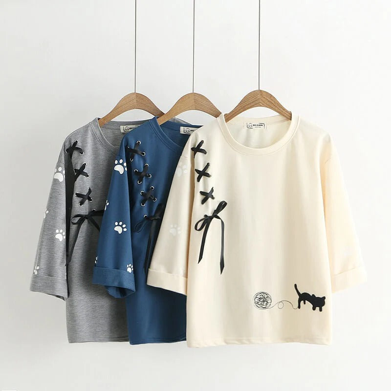 Kawaii Cat Embroidered 3/4 Sleeves Pullover T-shirt