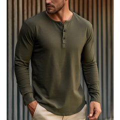 Plain Color Men's Henry Neck Long sleeve T-shirt