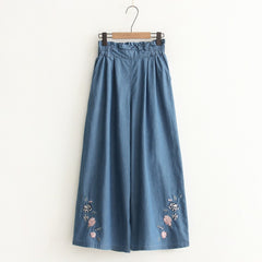 Casual Fresh Floral Embroidery Elastic Waist Wide-leg Pants