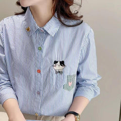 Versatile Cat Embroidered Long Sleeve Striped Shirt