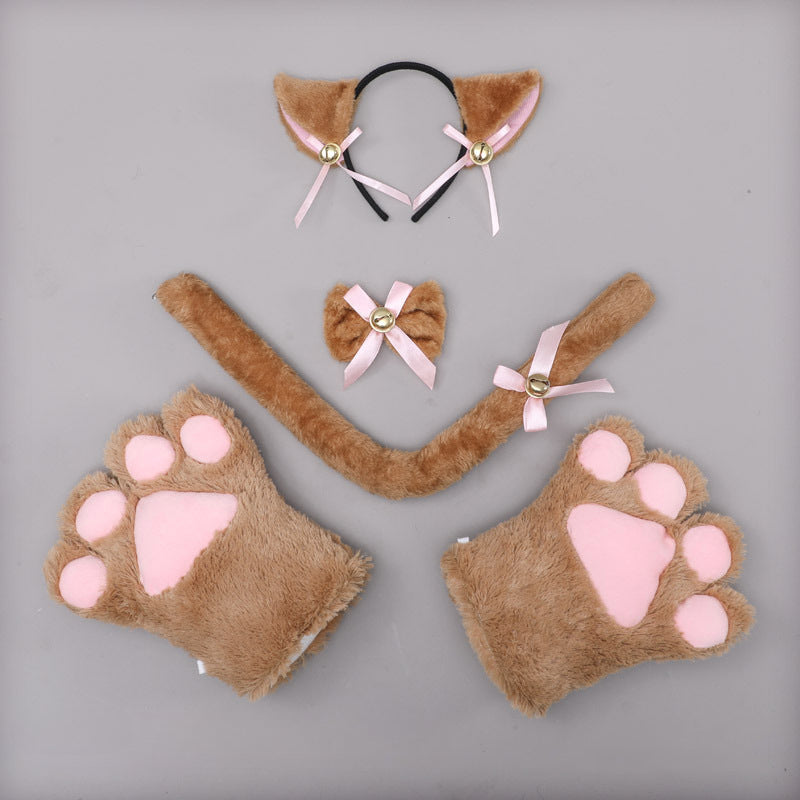 Cute Plush Cat Paw Bow Tie Ears Tail Cosplay Headband Set