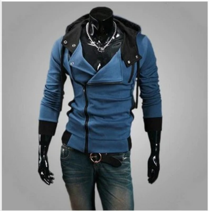 Trendy Men's Slim Solid Color Inclined Zip Up Pullover Hoodie