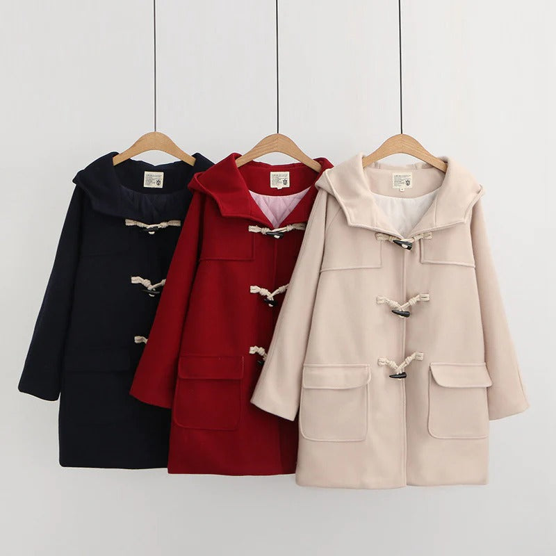 Winter Pure Color Horn Button Woolen Hooded Coat