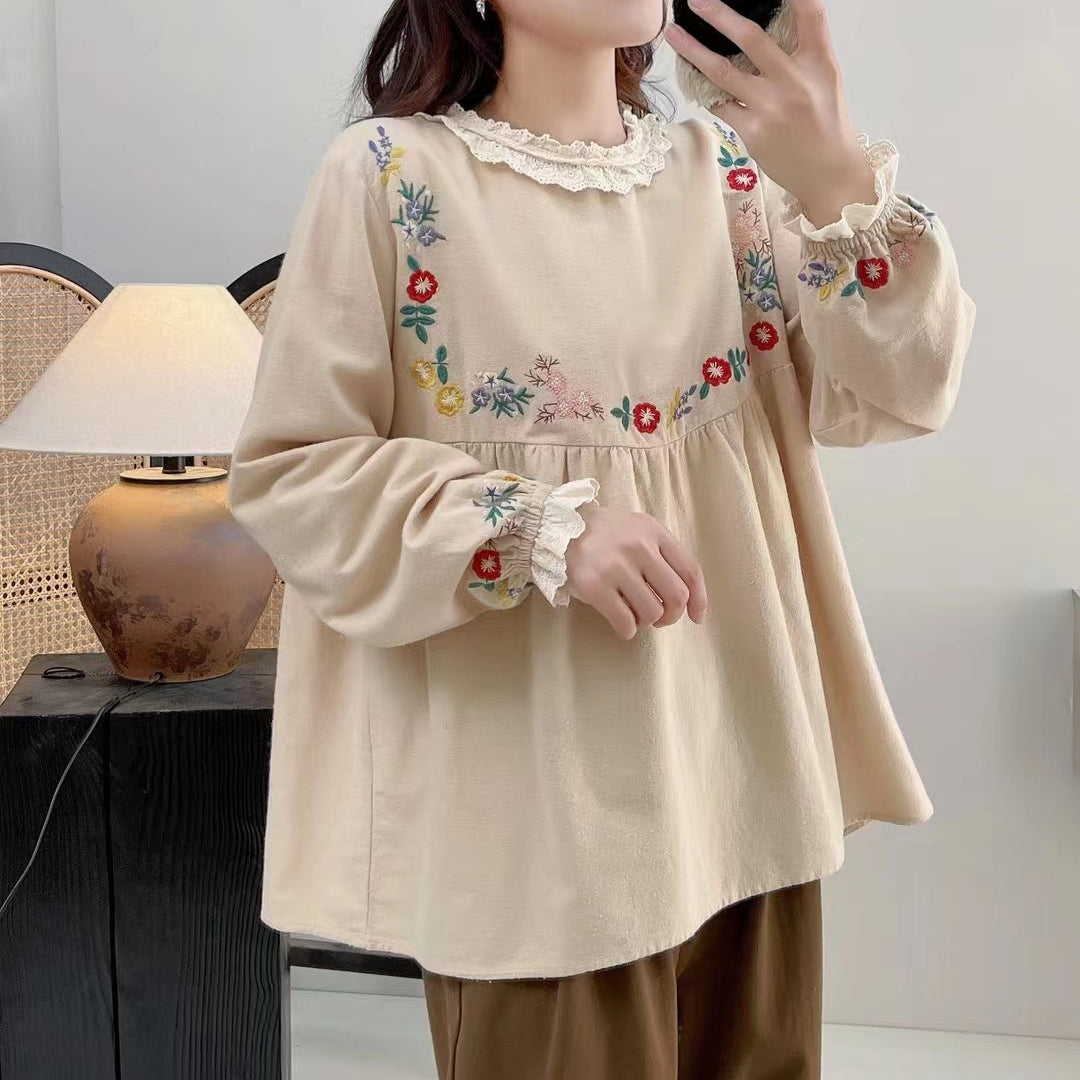 Floral Embroidered Women's Round Neck Hemp Base Shirt