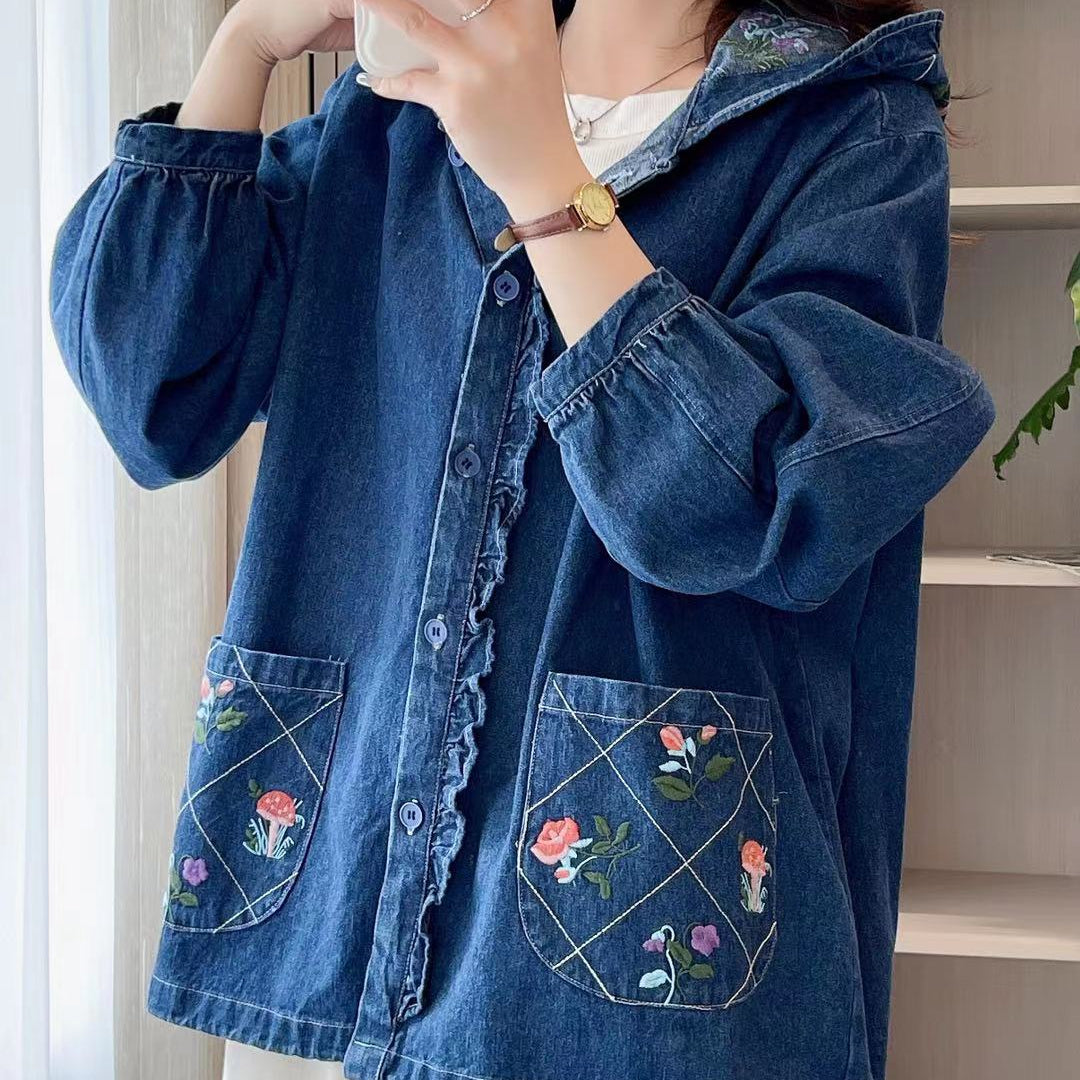 Retro Style Floral Embroidered Hooded Denim Jacket