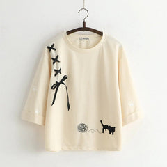 Kawaii Cat Embroidered 3/4 Sleeves Pullover T-shirt