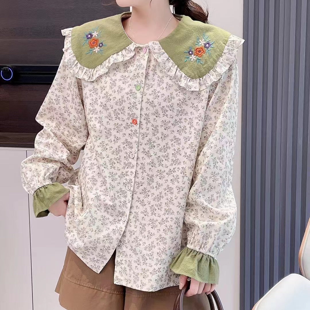 Flower Embroidered Doll Collar Brushed Blouse