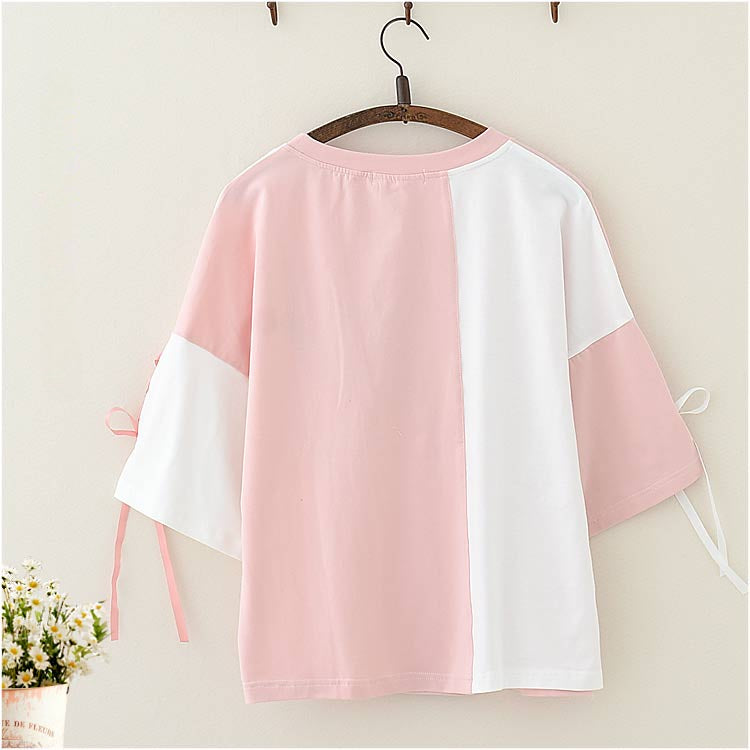 Cute Cartoon Rabbit Embroidery Half Sleeve Color Block T-shirt