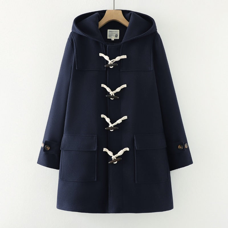 Japanese Style Horn Buckle Thickened Hooded Long Coat