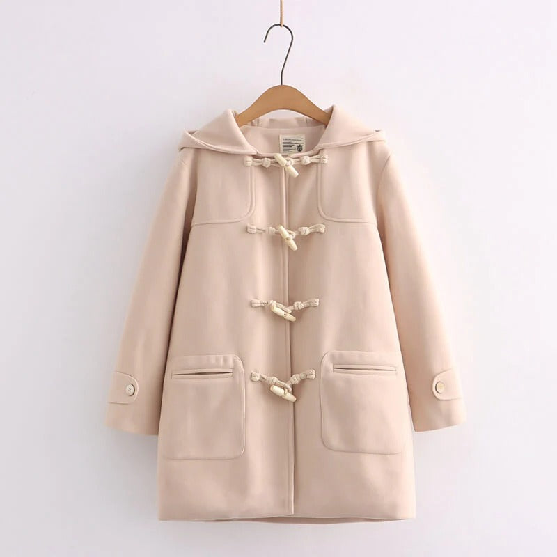 Japanese Fashion Horn Button Long Hooded Coat