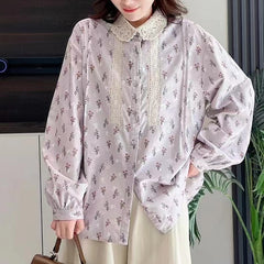 Japanese Mori Crochet Lapel Floral Long Sleeve Loose Shirt