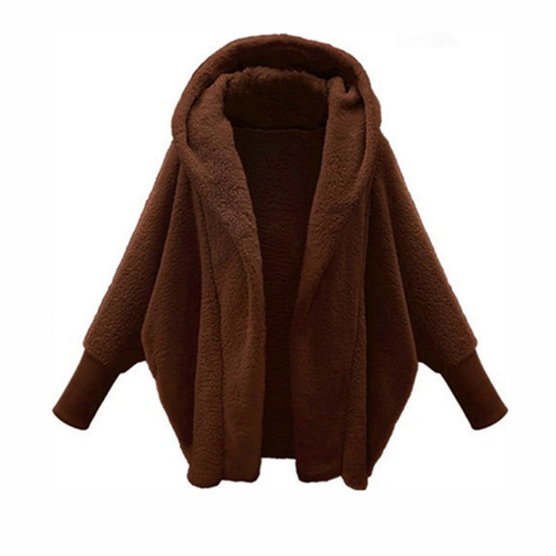 Women's Solid Color Long Sleeved Hooded Plush Coat