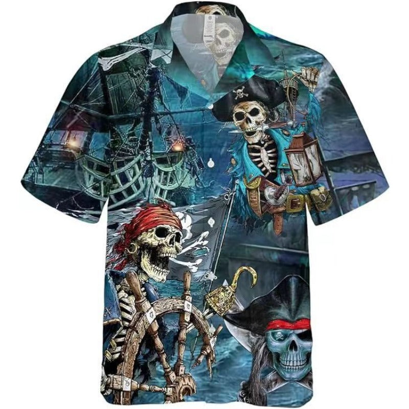 Casual Men's Skull 3D Print Lapel Short-sleeved Shirt