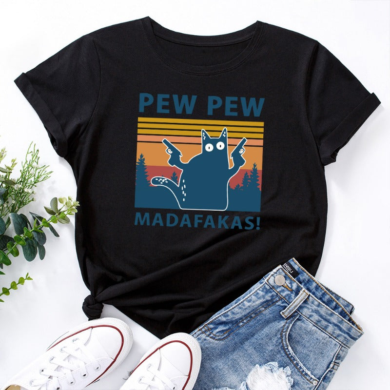 Stylish PEW PEW Cat Loose Round Neck T-shirt