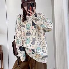 Cute Cats Printed Women's Loose Round Neck Knitted Sweater