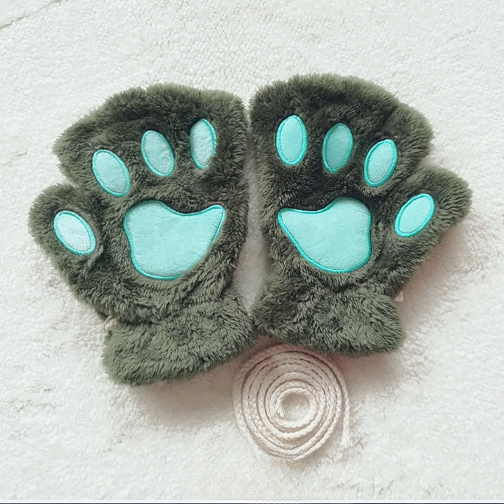 Half-fingered Cartoon Bear Cat Paws Fluff Gloves