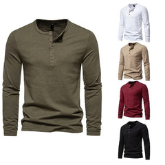 Plain Color Men's Four Button Henry Neck Long sleeve T-shirt