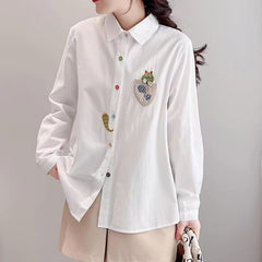 Women's Lapel Cat Tail Embroidered Loose Shirt