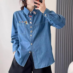 Women's Polo Collar Floral Bear Embroidered Loose Shirt