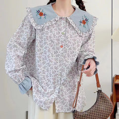 Flower Embroidered Doll Collar Brushed Blouse