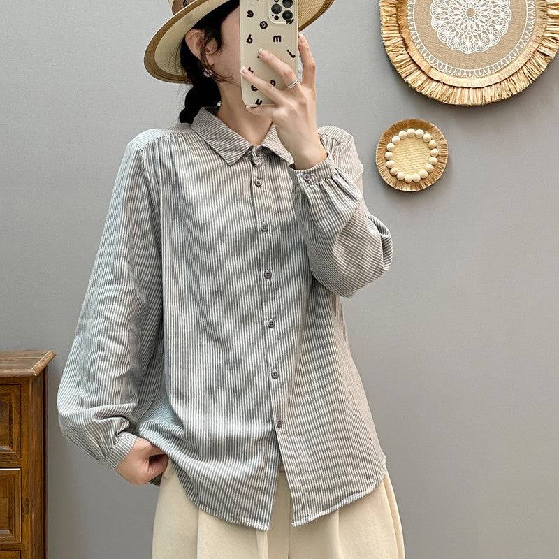 Korean Style Striped Print Women's Long-sleeved Basic Shirt