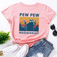 Stylish PEW PEW Cat Loose Round Neck T-shirt