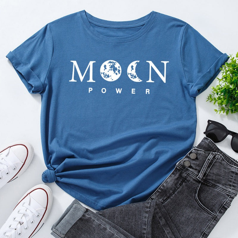 Women's Moon Power Print Loose Round Neck T-shirt