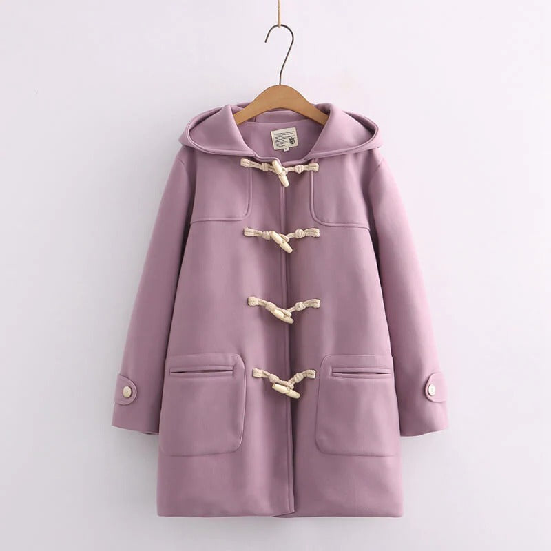 Japanese Fashion Horn Button Long Hooded Coat