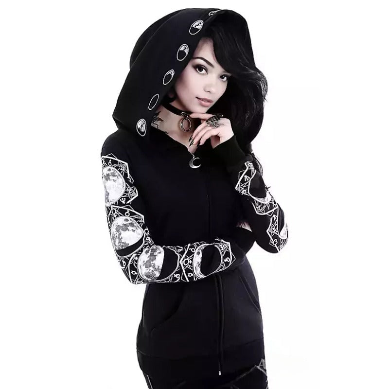 Trendy Punk Style Moon Printed Black Zip Up Hoodie