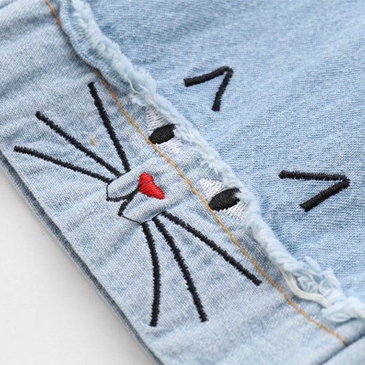 Japanese Style Cartoon Cat Embroidered Denim Jeans