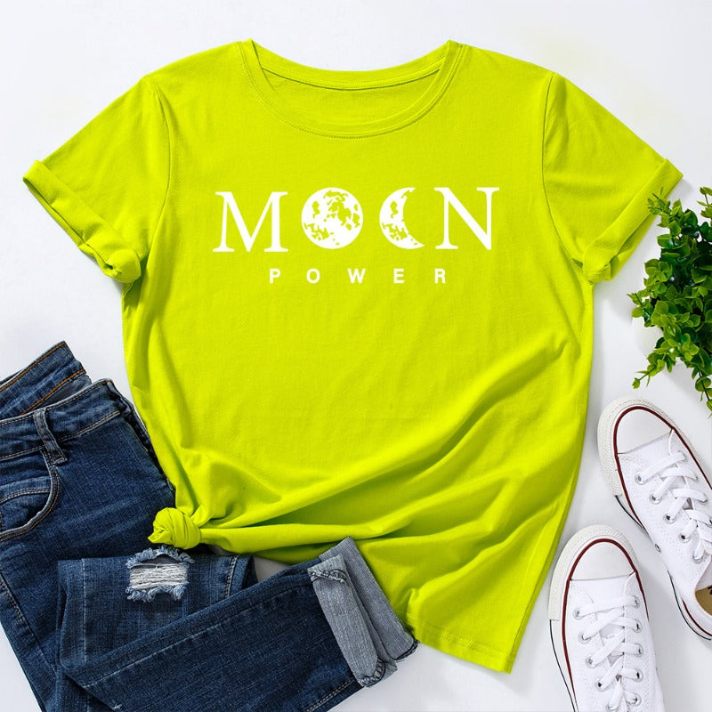 Women's Moon Power Print Loose Round Neck T-shirt