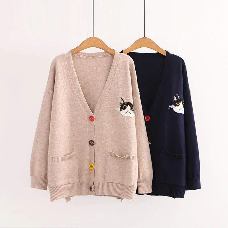 Aesthetic Kitten Embroidered V-neck Cardigan