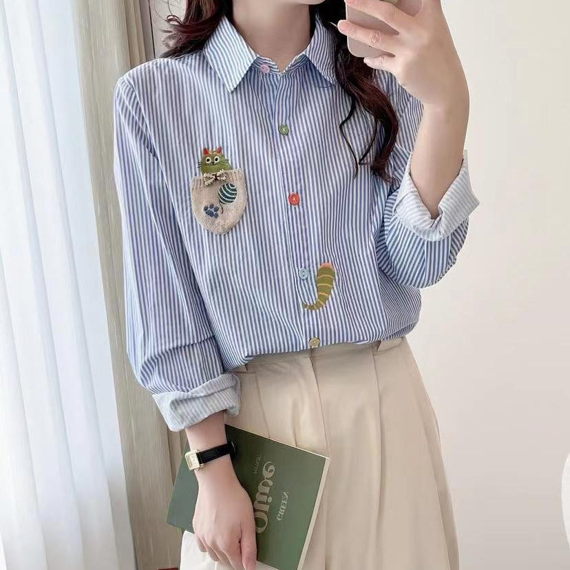 Women's Lapel Cat Tail Embroidered Loose Shirt